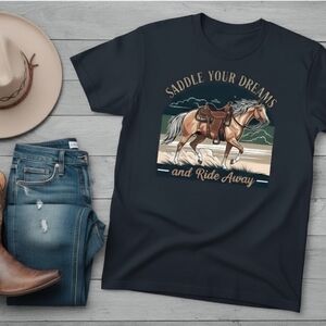 Navy Blue Western Horse Graphic Tee • Saddle Your Dreams Ride Away Shirt •
